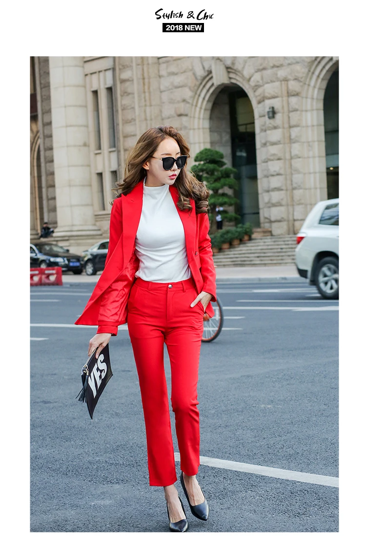 Осень и зима новый модный темперамент OL профессиональный с длинными рукавами маленький костюм куртка + девять брюк красный женский из двух