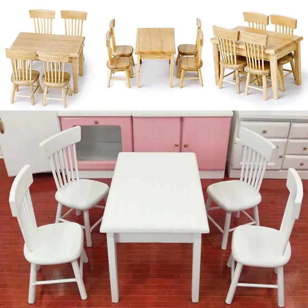 

5Pcs Dining Table Chair Model 1:12 Dollhouse Miniature Wooden Furniture Toy Set White Dining Table