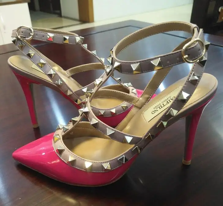 

2019 new Two Straps genuine leather rivet pointed toe high-heeled shoes tied with thin-heeled wedding shoes sexy sandals 34-43