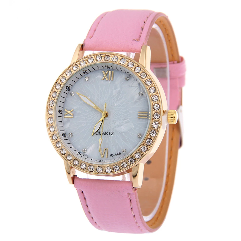Модные женские кварцевые наручные часы из искусственной кожи, стразы, римские цифры, женские часы - Цвет: Розовый
