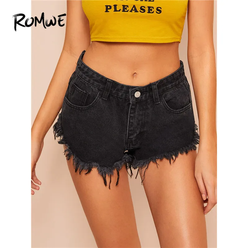ROMWE черные потертые подол на пуговицах летают сексуальные Клубные короткие джинсовые шорты женские модные, средняя посадка летние джинсовые шорты