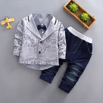 

DIIMUU 3Pcs Kids Fashion Baby Boys Clothing Cotton Gentlemen Suits Casual Outfits Coats Tops Striped Blouses Pants Trousers Sets