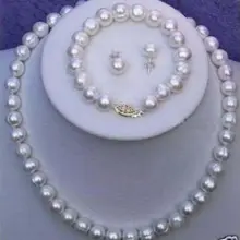 Мода 8- 9 мм настоящее белый культивированный жемчуг серьги браслета 1" покрыло-золотые украшения серебряный крюк