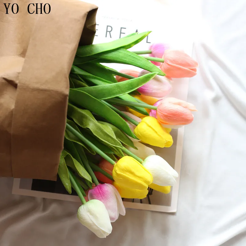 

YO CHO 10Pcs/lot Tulips Artificial Flowers PU Mini Latex Tulip Flores Artificiales For Home Wedding Paty Decoration Cheap Flower