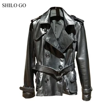 Шило GO кожаная куртка Женская Весенняя мода овчины Натуральная кожа пальто воротник с лацканами двубортный ремень прямой пиджак