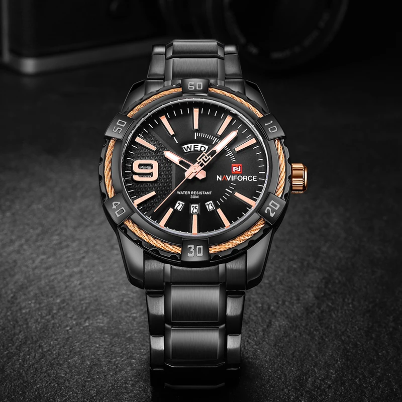 Relógio de Quartzo Homens de Luxo da Marca à Prova Naviforce Assista Homens Moda Casual Masculino Relógio Esportes Militares Relógios d’ Água Preto 9117
