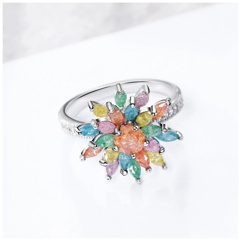 DreamCarnival 1989 Spring Flower Design Colorful Glitter Zircon Pale Purple Green Blue Color Cute Look Women Ring Anillo SJ29081