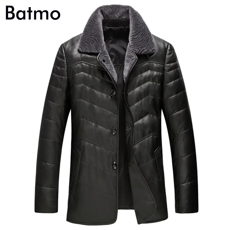 Batmo Новое поступление зимние высококачественные мужские куртки из овечьей кожи и белого утиного пуха, куртка с шерстяным воротником, размер L-4XL - Цвет: Черный