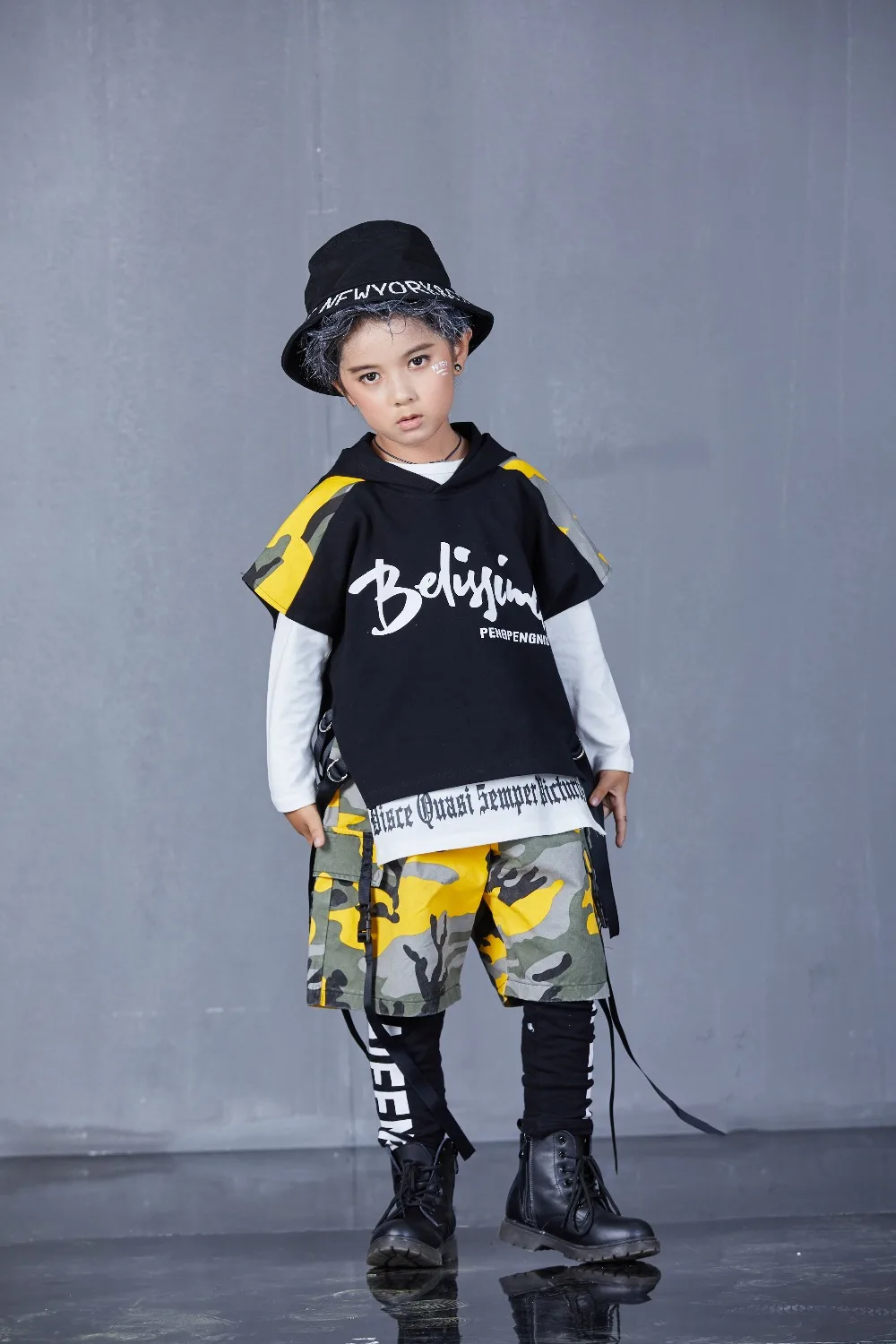 Spring Autumn Boys Girls Street Dance Clothes Suit Children's Fashion Print Performance Tracksuit Kid Hip-Hop Sportswear Outfit (66)