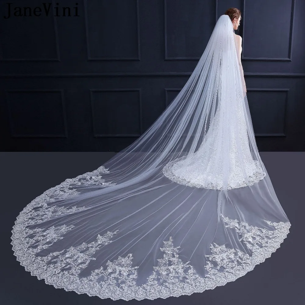 

JaneVini Luxury One Layer Cathedral Wedding Veils Lace Applique Edge Ivory Tulle Long Bridal Veil with Comb Accessoir De Mariage