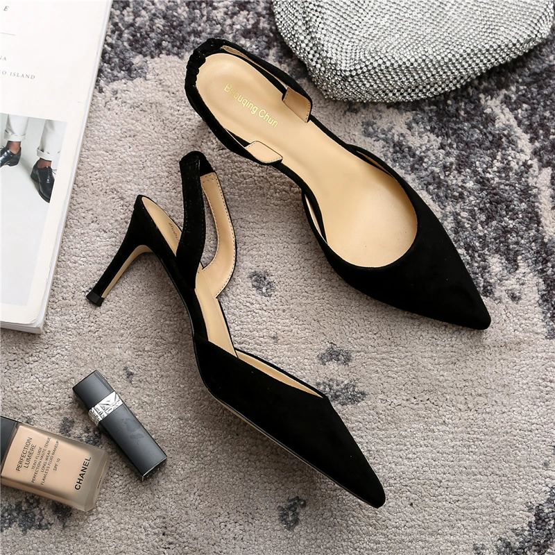 

2019 New free shipping black suede Leather Poined Toe Stiletto high heel shoe pump HIGH-HEELED SHOES sandals Slingback 8cm 6cm