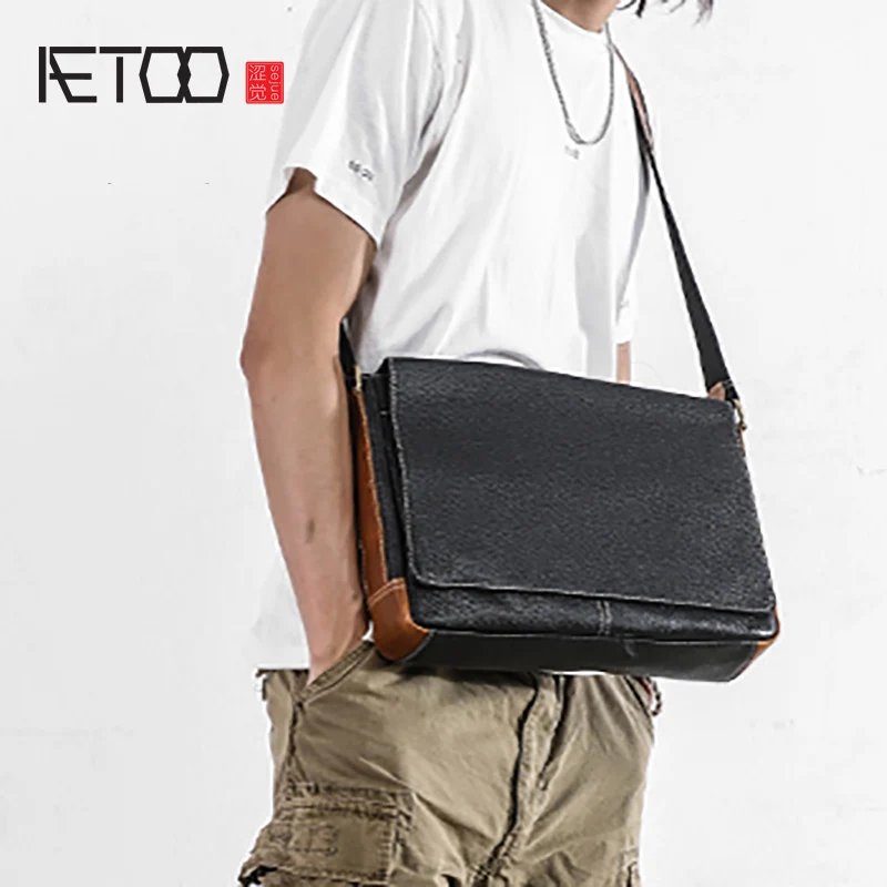 

AETOO Casual simple male packets shoulder crossbody bag retro head cowhide transverse leather men's briefcase bag