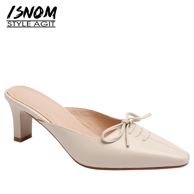 

ISNOM High Heels Woman Slippers Butterfly Knot Square Toe Footwear Cow Leather Female Shoes Mules Shoes Women Summer 2019 New