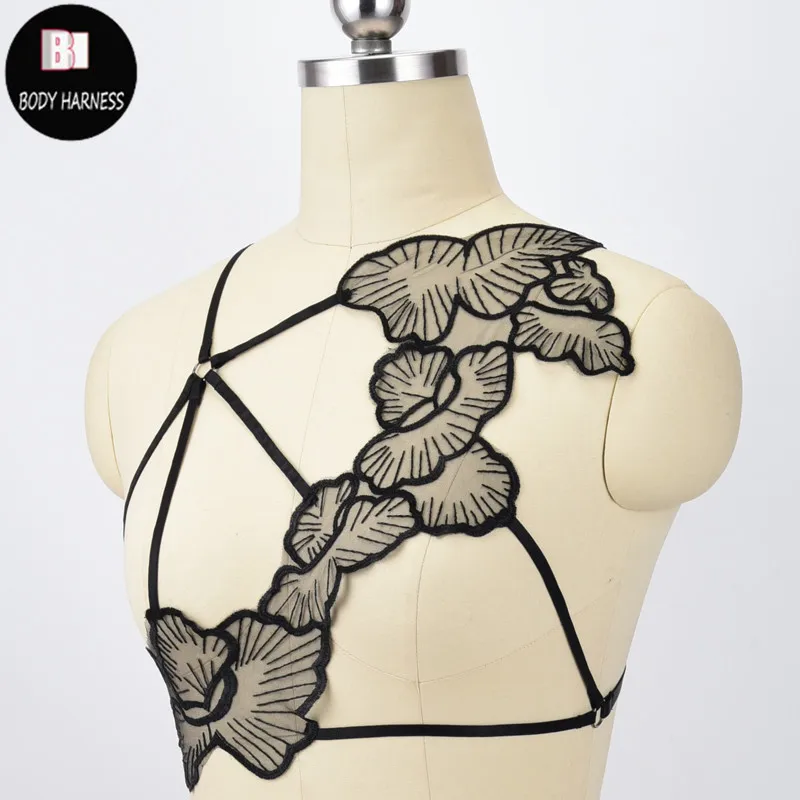 

Black Gothic Body Lace Harness Sexy Body Harness Bondage Fetish Top Harness Bra Sheer Flowers Cage Bra Hollow Out Bralette