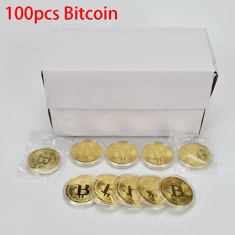 100PCS Bitcoin Coin with Acrylic Case Bit Coin Gold silver Metal Coin