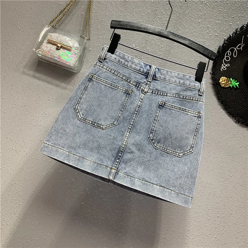Новая летняя модная универсальная женская джинсовая юбка с завышенной талией и двумя карманами, женская короткая трапециевидная юбка