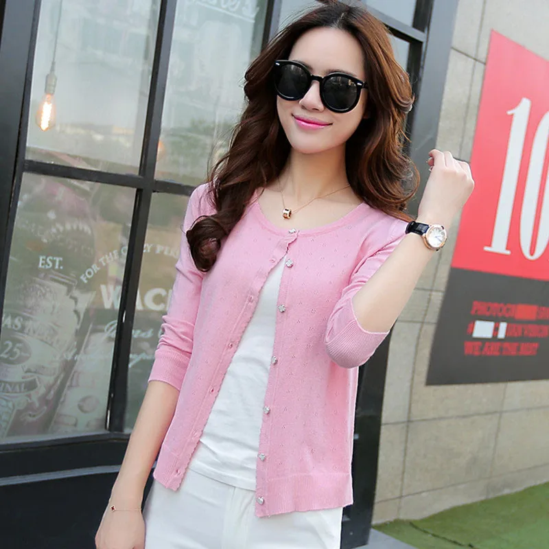 

2019 Hollow Knitting Cardigan Sweater Women Long Sleeve Shawl Coat Spring Summer Thin Short Solid O-neck Jacket Female Knit Top
