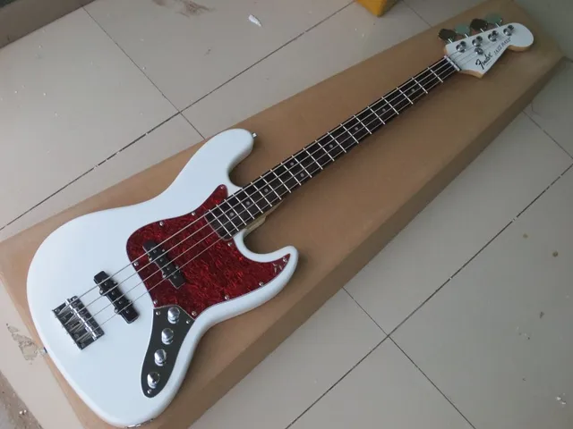 Cheap new arrival white body, red guard, rosewood fingerboard bass guitar, free delivery!