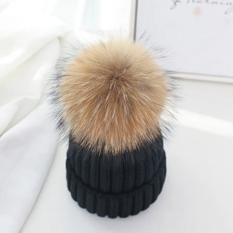 Real Fur Hat Knitted Real fox hair bulb Pom Pom Hat Women Winter Hat Unisex Kids Warm with wool Chunky Thick Stretchy Knit hat