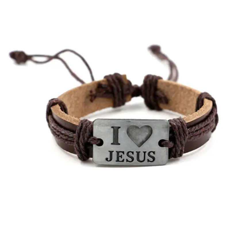 Религиозные Подарки на годовщину я люблю Иисуса, христианские сувениры, унисекс, кожаный браслет ручной работы, винтажные повседневные браслеты в стиле панк для мальчиков - Окраска металла: Brown