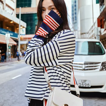 

New Autumn Women's Clothing Casual Color Screw Stripe Shirt Fashion Personality Ladies Tops Trendy Striped Female T-shirt