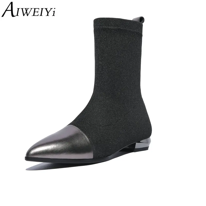 

AIWEIYi Mid Calf Boots for Women Genuine Leather Slip On Platform Pumps Black Sock Boots Half Knee Boots Autumn Winter Shoes