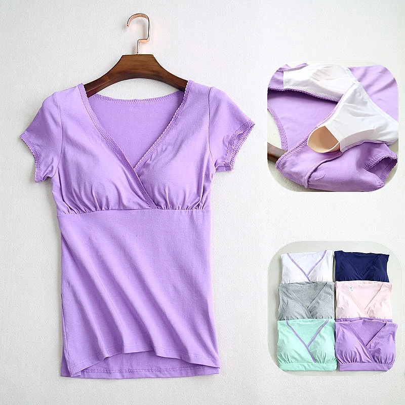 

Summer Women Cotton V neck Fitness Chest Pad GYM Fit Tees T-shirt Lady Plus Size Wireless Wire Free Bra Fitness Tops