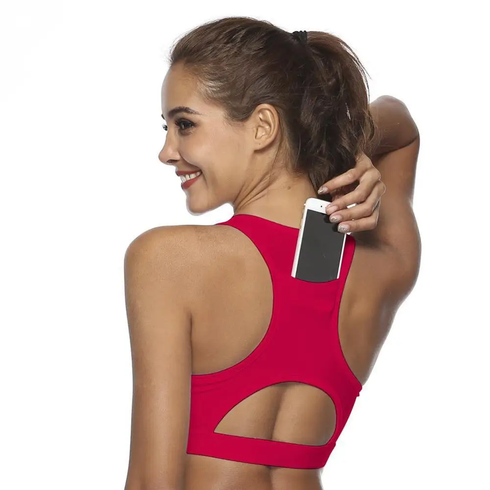 Женский спортивный бюстгальтер Пушап с карманом для телефона, топ для йоги, фитнеса, пуш-ап, спортзала, бега, ударопрочный, Цветочная рубашка, компрессионный спортивный жилет - Цвет: Red