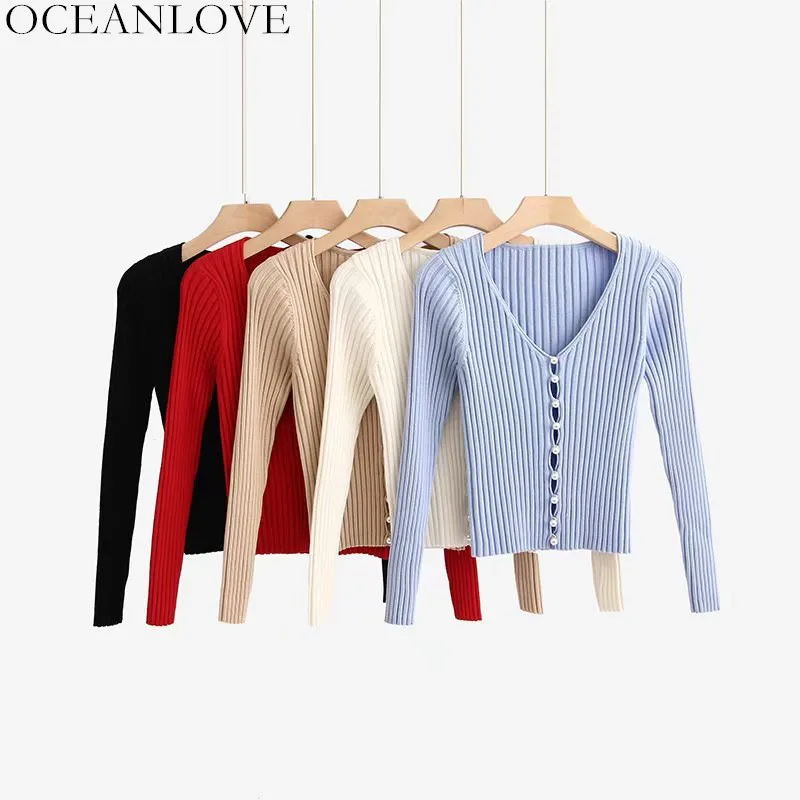 OCEANLOVE Knitting Solid Short Thin Sweaters V-neck Slim Pearls Pullovers 2020 Spring Single Breasted Women Tops Patchwork 10918 | Женская