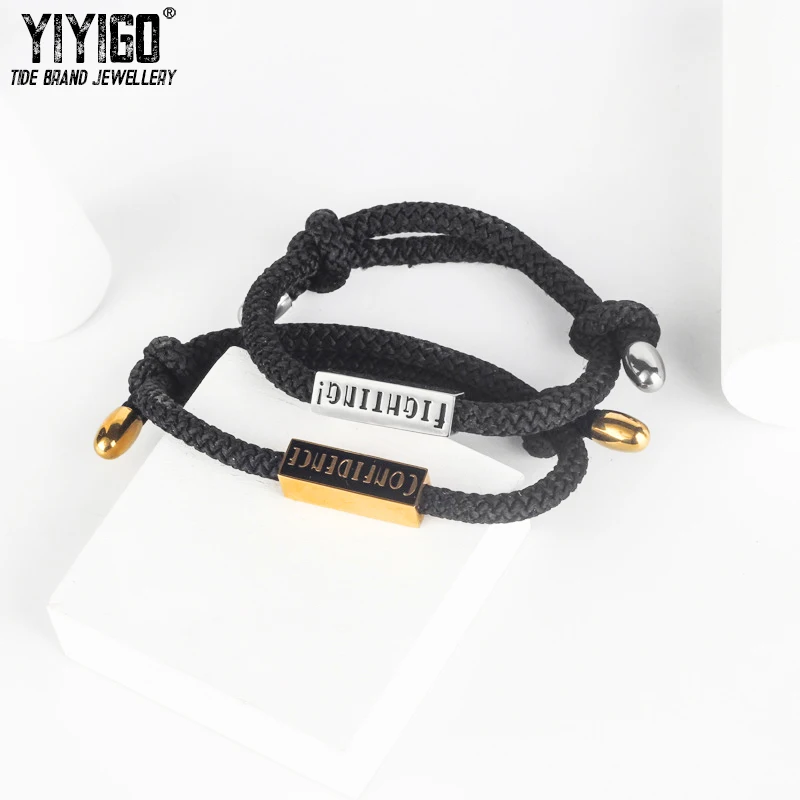 

1Pieces Confidence Fighting Cloth Rope Weave Bracelets For Lover's Rectangular Titanium Stainless Steel Adjustable In length