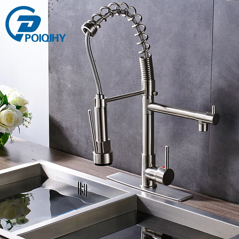 

Brushed Gold Kitchen Faucet 360 Rotation Pull out Kitchen sink Faucets Dual Outlet Water modes Hot Cold Water Mixer Taps