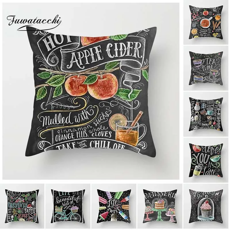 

Fuwatacchi Blackboard Post Cushion Cover Fruit Apple Cake Ice Cream Pillow Cover for Home Chair Decoration Pillowcases 45*45 cm