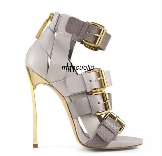 

Groovy Grey PU Leather Metal Heel Sandals Stylish Snakeskin Matched Buckles Decoration Stiletto Heel Dress Sandals Best Selling