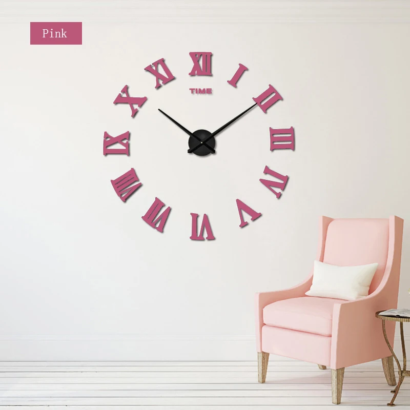 Новые 3D большие римские цифровые наклейки настенные часы DIY современный дизайн акриловые металлические зеркальные часы с регулировкой в соответствии с размером стены - Цвет: PINK