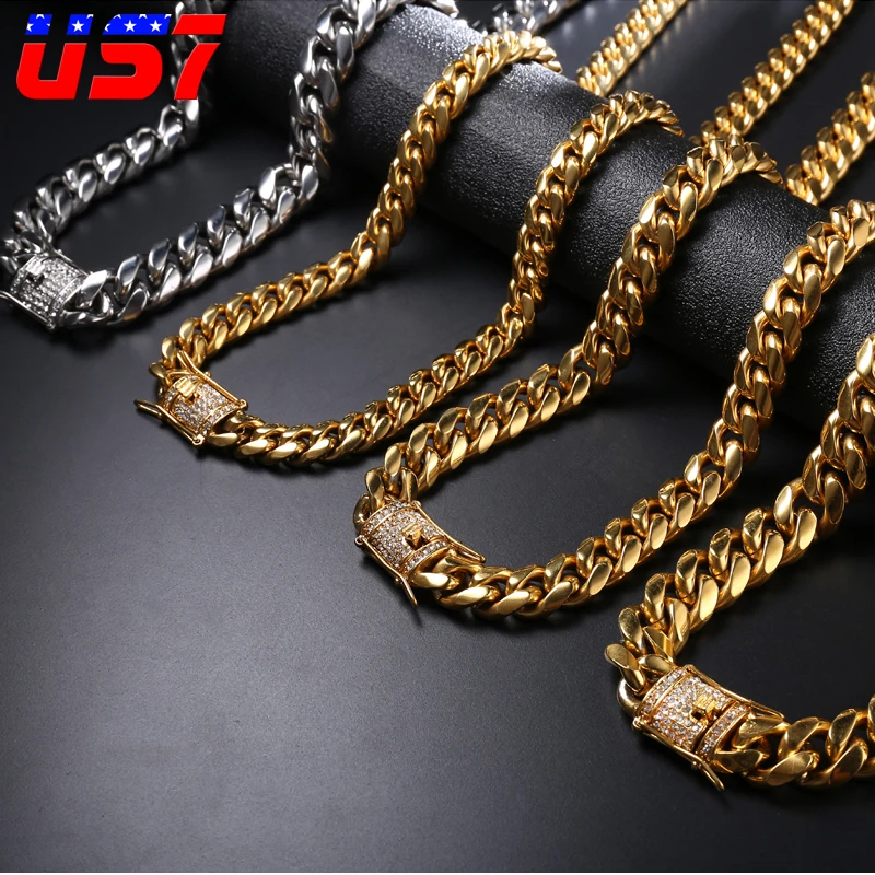 

US7 Rock Miami Curb Cuban Hip Hop Rapper 316L Stainless Steel Necklace For Men Gold Crystal Iced Out Clasp Link Chain Jewelry