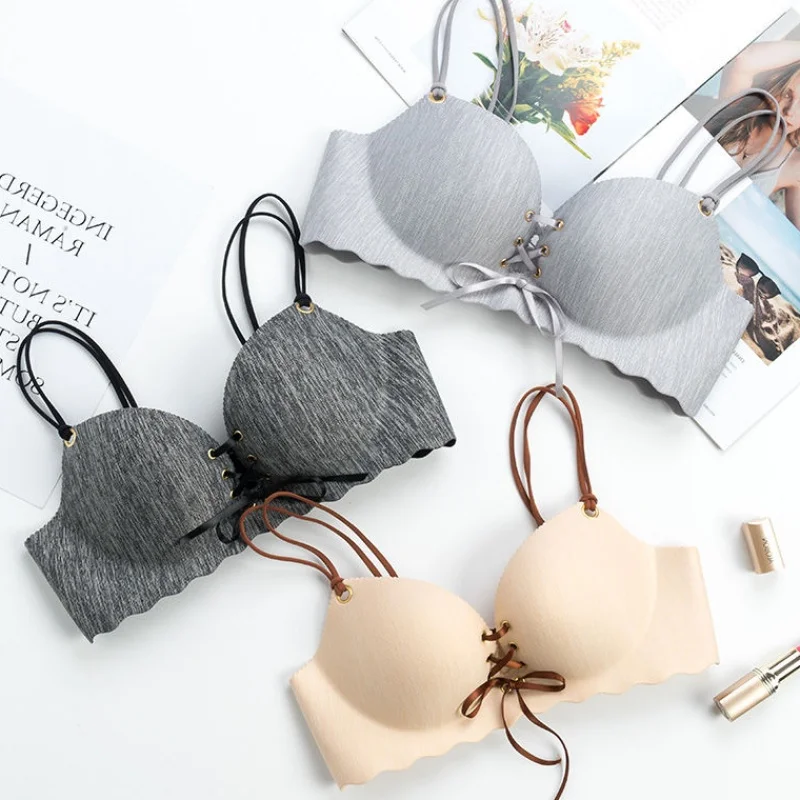 

DeRuiLaDy Solid Color Seamless With String Push Up Bras For Women Breathable Adjusted Wire Free Underwear Sexy Lingerie Bra