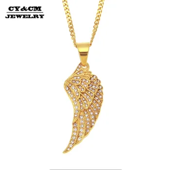 

CY&CM Angel Wings Pendant Stainless Steel Gold Color Golden Crystal Rhinestone Hip Hop Rock Necklace Fashion Men Women Jewelry