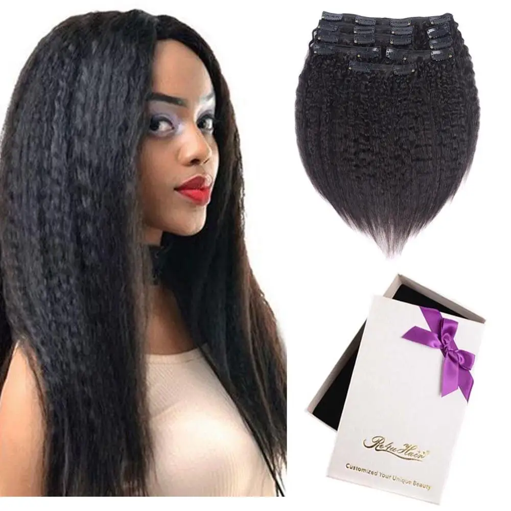 

Kinky Straight Human Hair Clip ins Yaki Virgin Hair Full Head Clip on Remy Hair Extensions Natural Color 128 grams