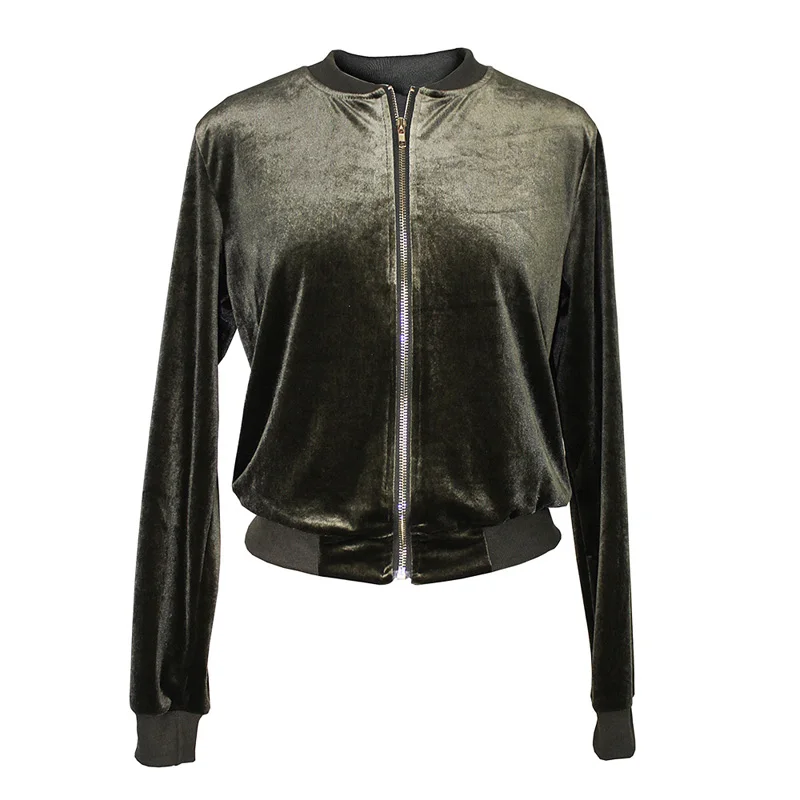 JLI MAY Zipper Bomber Jacket women Turtleneck Velvet long sleeve Solid Color Blue Green Short coat casual winter basic jackets