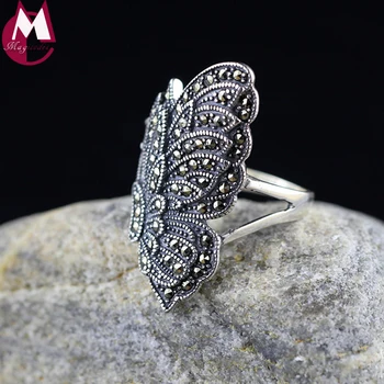 

NEW 100% 925 Sterling Silver Ring Handmade Cute Fine Butterfly Wing Finger Ring Female Engagement Feather Gemstone Jewelry SR27