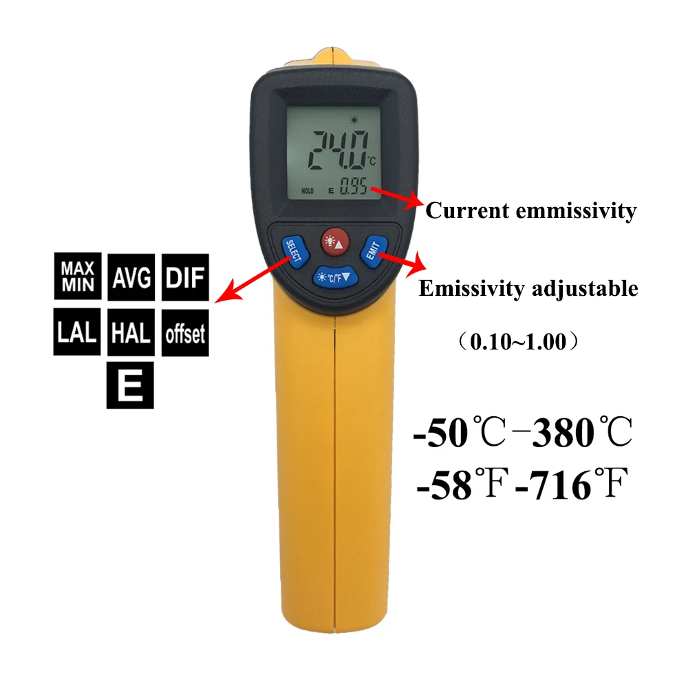 

Digital Infrared Thermometer Non Contact Pyrometer IR Laser Point Gun with Backlight -50~380degree For Industial Use