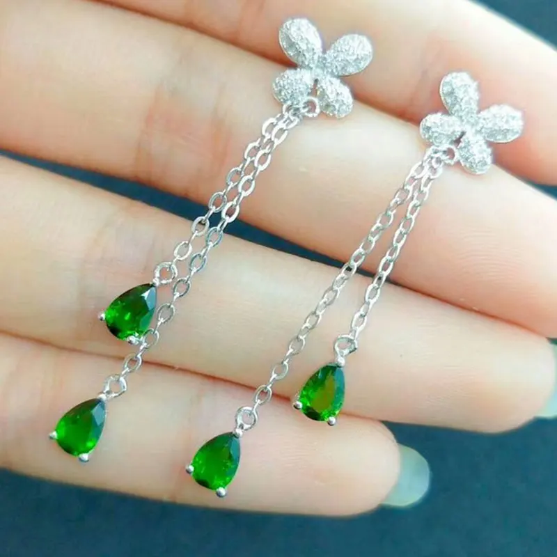 

RADHORS Earring Genuine 925 Sterling Silver inlay Natural Green Diopside Tassel Earring for Women Classic Style Fine Jewelry