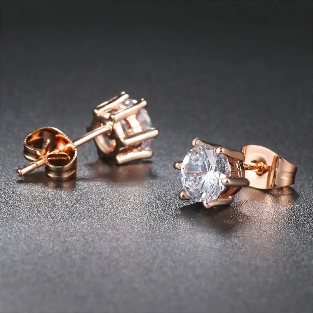 Six Claws 5mm 0.5ct CZ Crystal Rose Gold Color Stud Earrings Wedding Jewelry For Women E036 E035