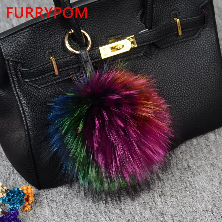 

15cm real fur pompom ball keychain for women's handbag keyring fluffy round fur raccoon bag pendant car ornaments key chains