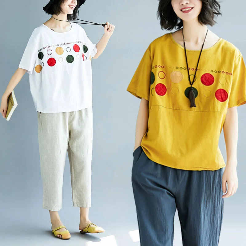 

Big Size Women's Batwing Sleeve T Shirt Linen Cotton Embroidery Polka Dot Linen Cotton Tops Femme Tshirt Loose O-Neck Summer