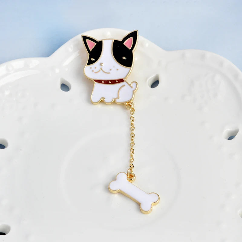 

Poodle French Bulldog Enamel brooch Dog and Bone Pin with Chain Button Badge buckle for clothes bag Cartoon Animal Jewelry Gift