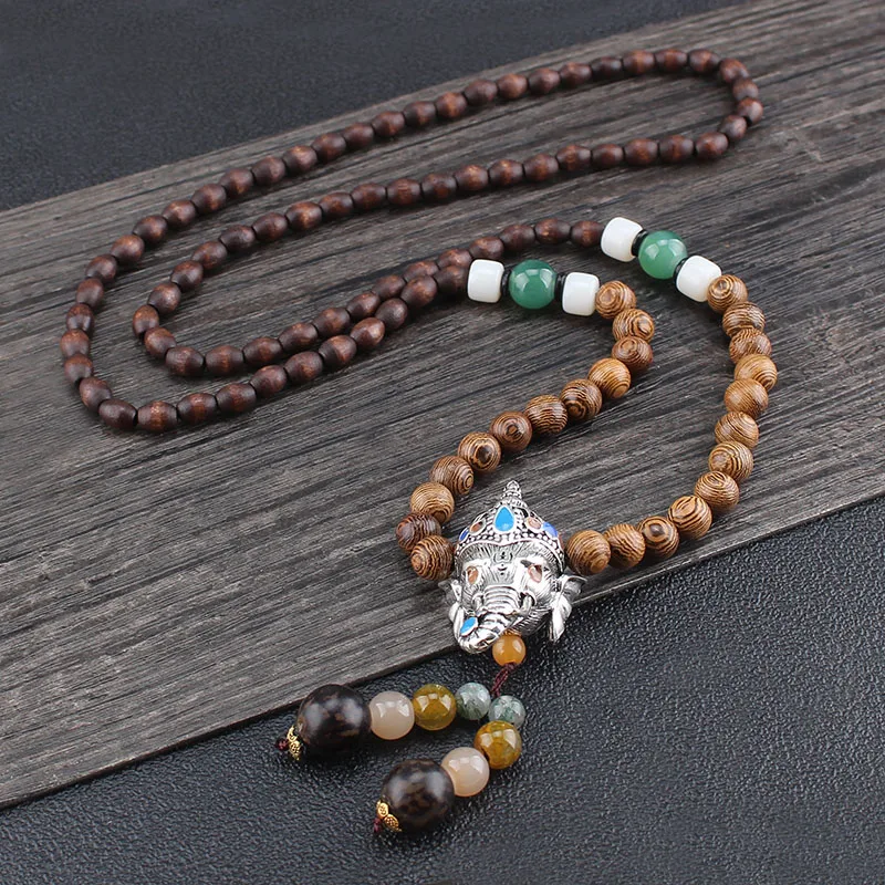 

Punk Men Buddhist Elephant Ganesha/Dragon Pendant Necklace Handmade Wood Beads Long Sweater Necklace Buddha Statement Jewelry