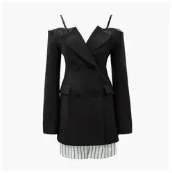 Мелинда Стиль 2018 Новая женская куртка мода pacthwork с открытыми плечами Двубортный пиджак верхняя одежда Бесплатная доставка