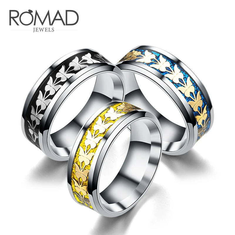 ROMAD Fashion Butterfly Rings for Women/Men Stainless Steel Jewelry 8mm Blue/Gold/Black Personality Wedding Ring Size 6-13 R4