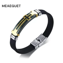 Meaeguet Stainless Steel Cross Symbol Charm Bracelet Men Top Quality Black Rubber Silicone Wristband Religious Jewelry meaeguet punk black gold color removable cuff stainless steel bracelet bangle wristband pulseira feminina jewelry